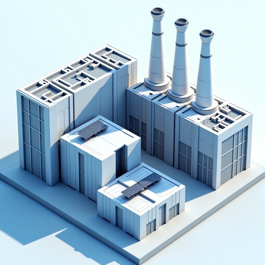 A massive modern AI data center integrated with its own dedicated power plant including solar panels and cooling towers. Clean and futuristic architectural style. 4:3