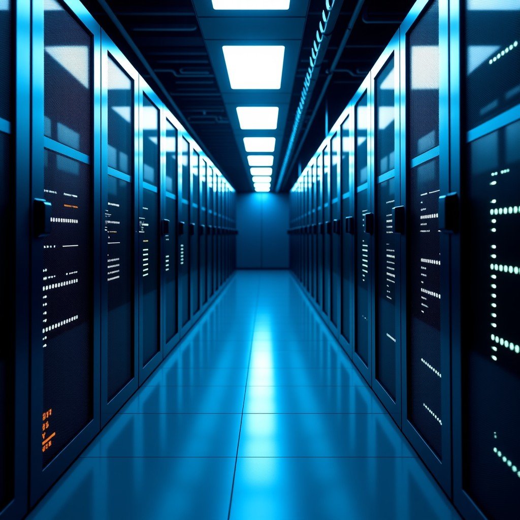 A futuristic server room with rows of high-tech processors and glowing fiber optic cables, professional photography, symmetrical composition, 1:1