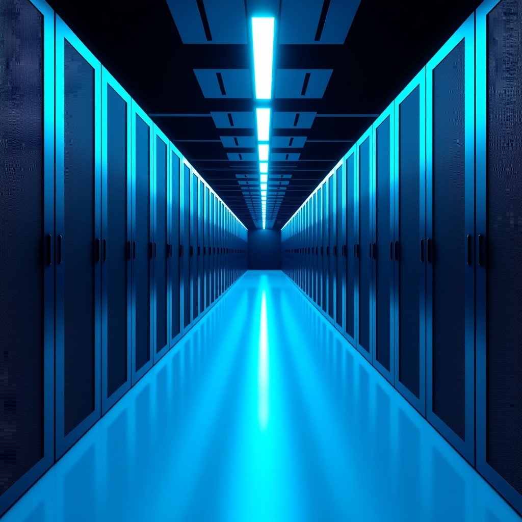 Interior of a massive, state-of-the-art AI data center with glowing blue lights on server racks. The perspective shows a long corridor of high-performance computing units. Clean and futuristic aesthetic. 4:3
