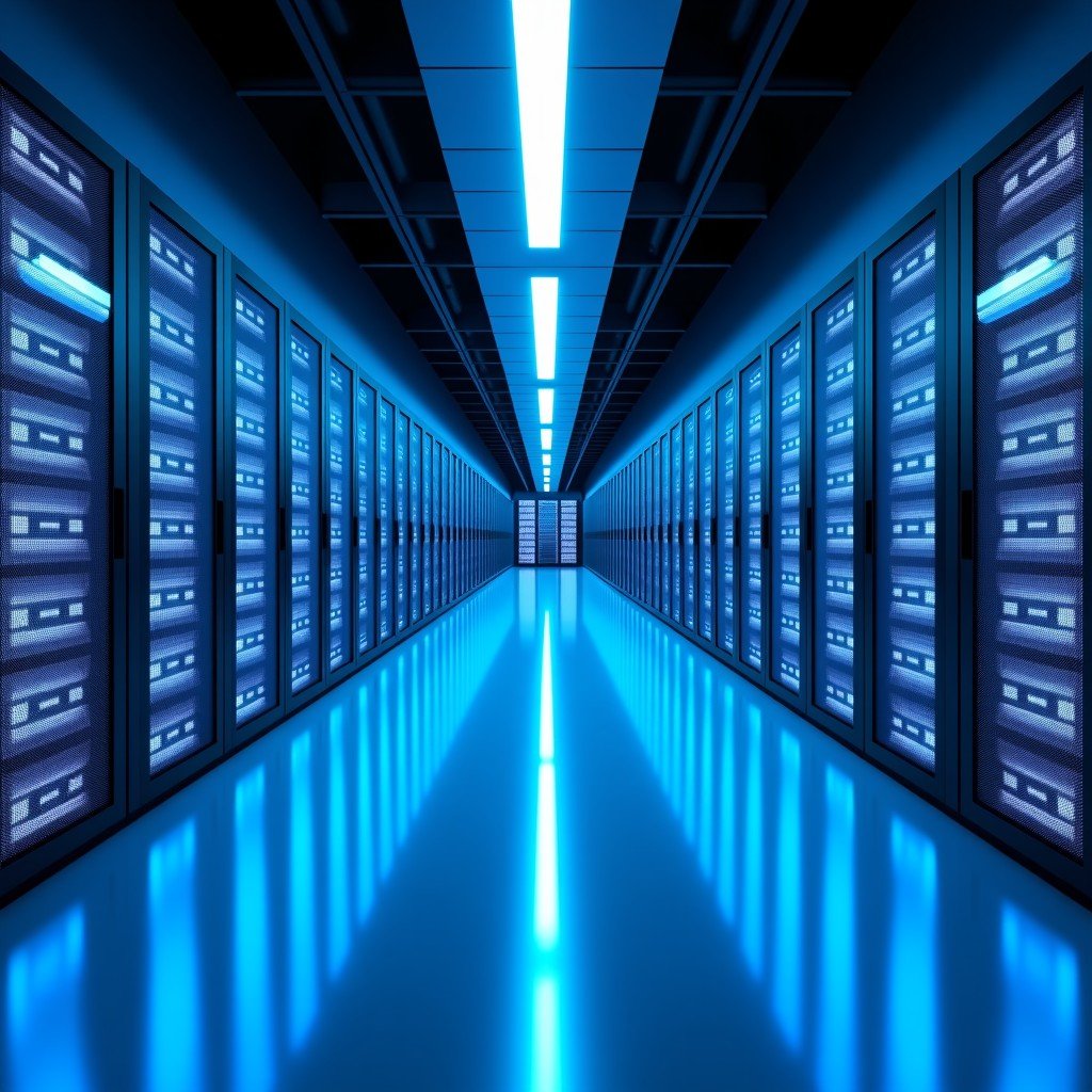 A vast and futuristic data center with rows of glowing server racks representing massive capital expenditure in AI infrastructure. Professional architectural photography, cool blue and white lighting, 4:3.
