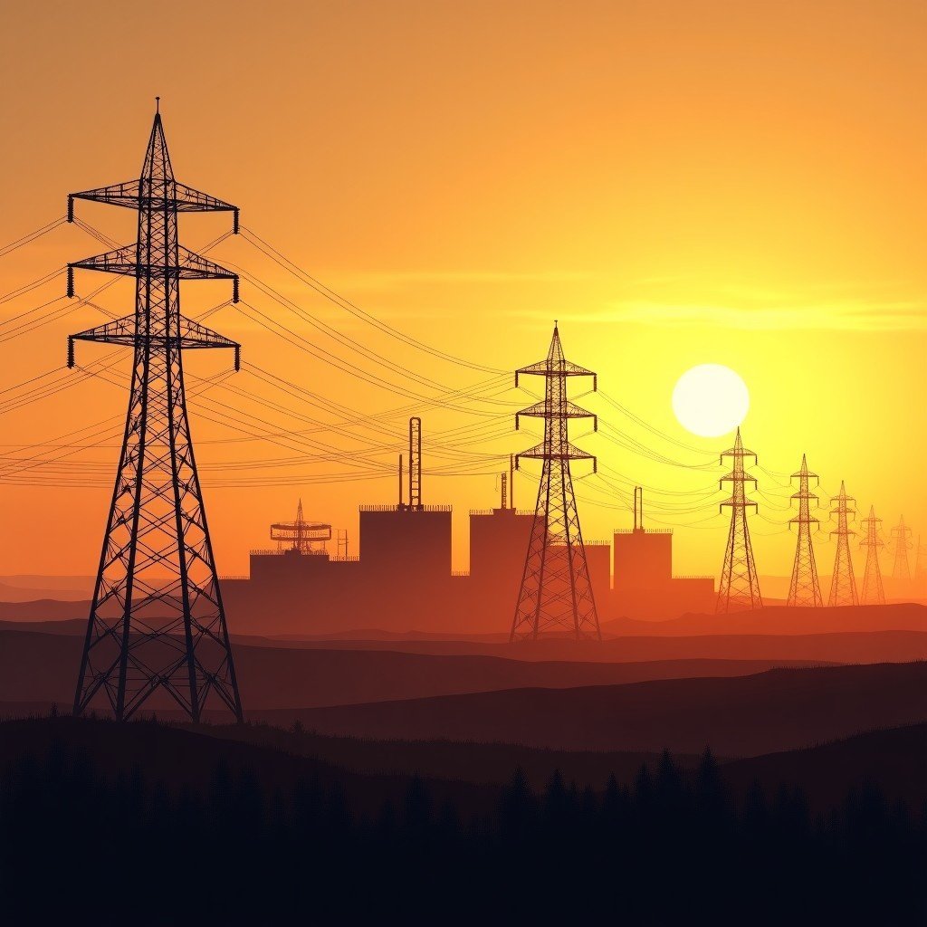 A vast landscape featuring a modern natural gas power plant integrated with high-voltage transmission towers, golden hour lighting, cinematic composition, highly detailed, 4:3