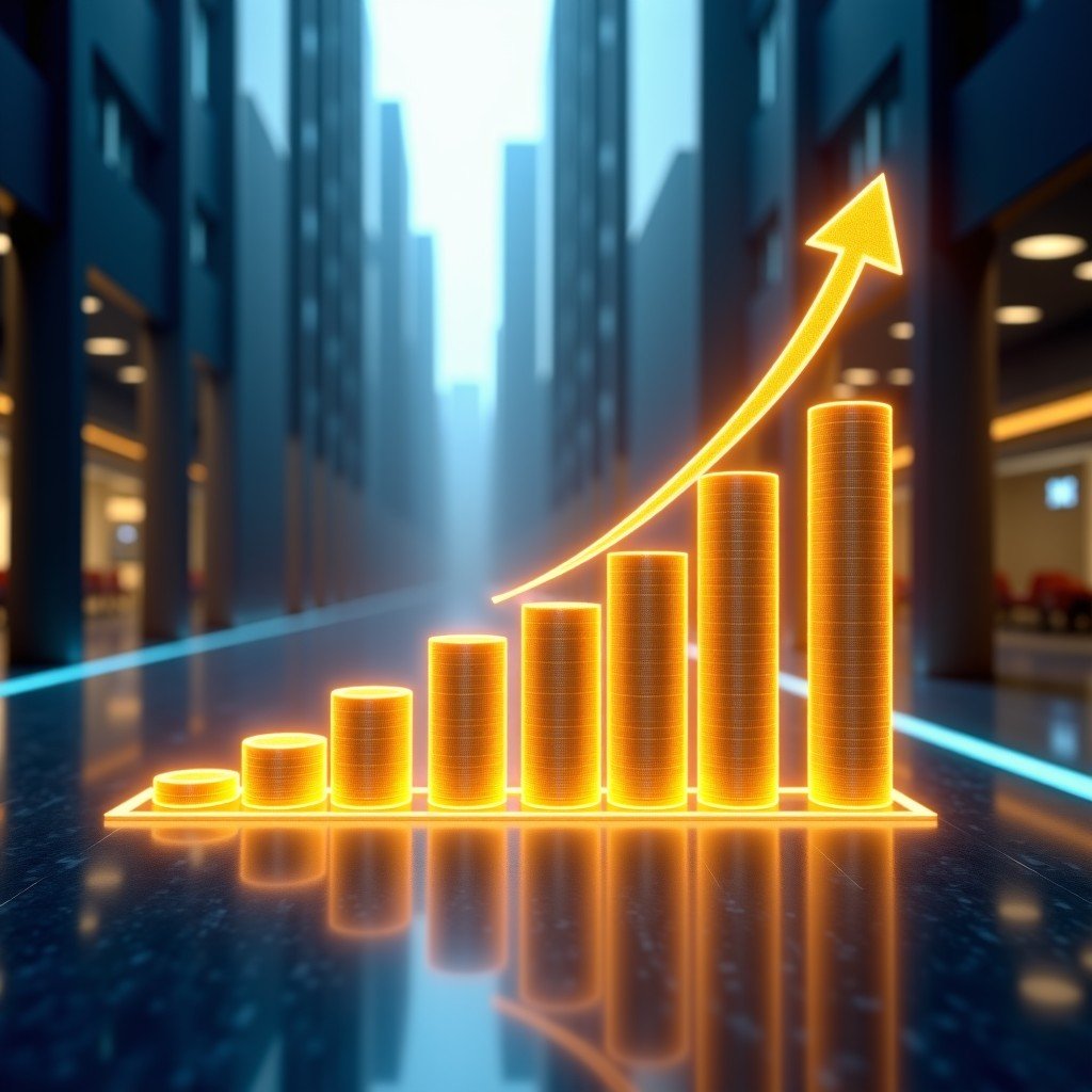 A professional high-quality conceptual image of a global tech headquarters with a digital overlay of financial growth charts and golden bond certificates. The atmosphere is sophisticated and futuristic representing massive capital investment and stability. No text or characters. 4:3