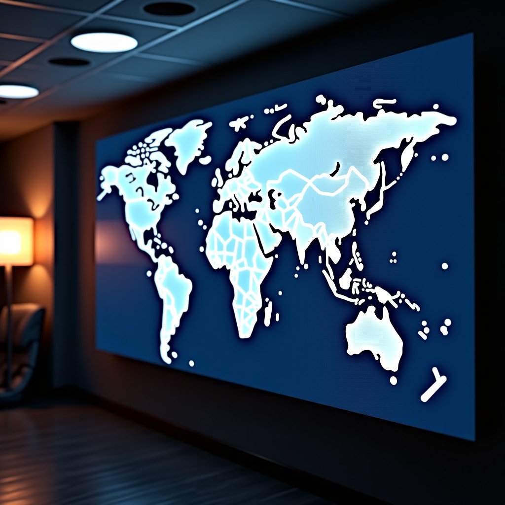 A complex data visualization on a large digital wall showing the flow of political contributions from tech companies. The image features glowing lines connecting Silicon Valley icons with political symbols, set in a dark professional control room. 4:3