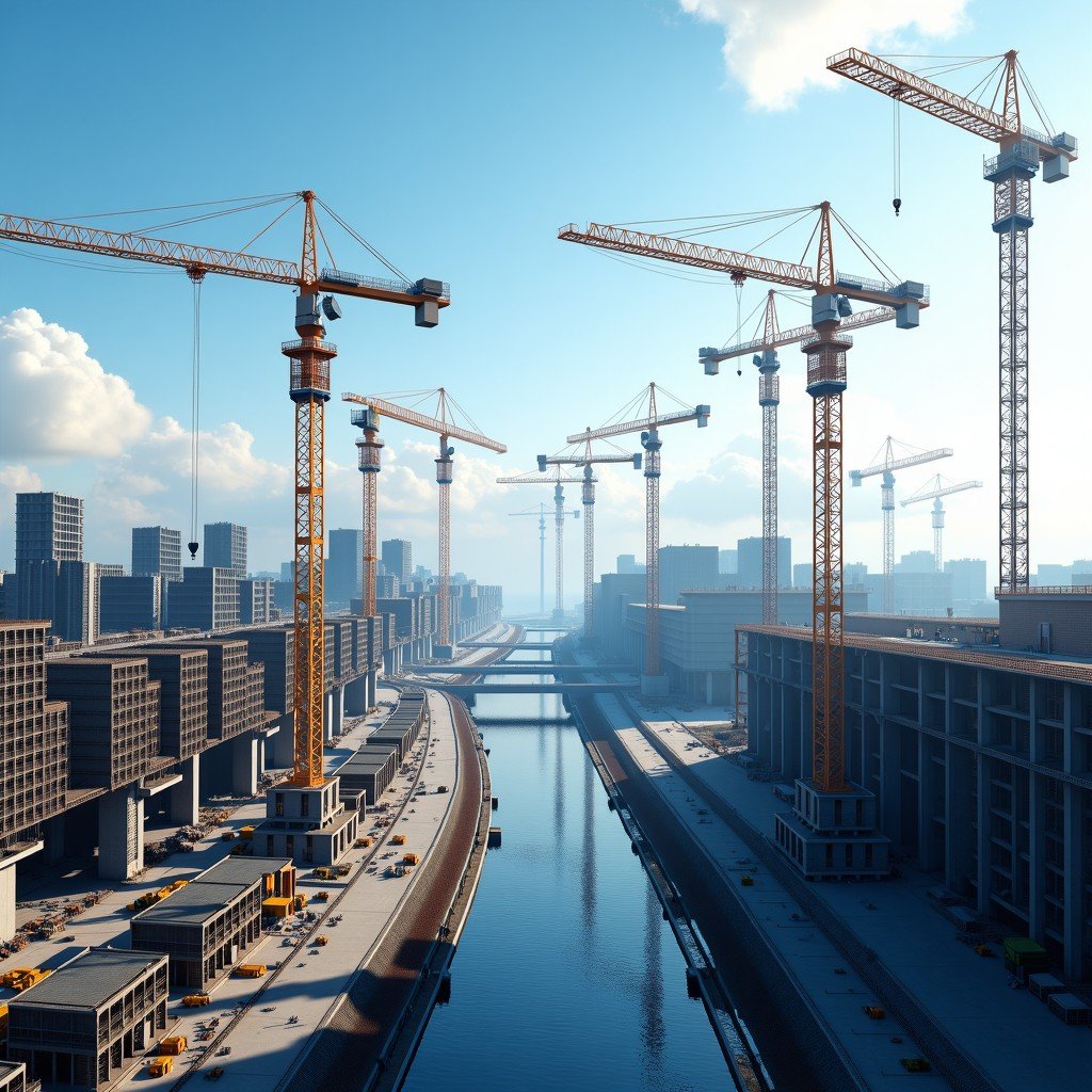 A massive industrial construction site for a tech company campus, multiple cranes, steel structures, modern architecture under development, bright daylight, realistic photography, wide view. 4:3