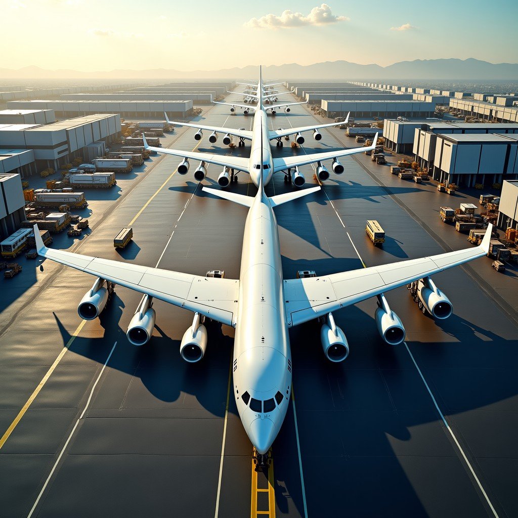 Aerial view of a massive aircraft assembly plant with several planes under construction, bright daylight, wide angle architectural photography, 4:3