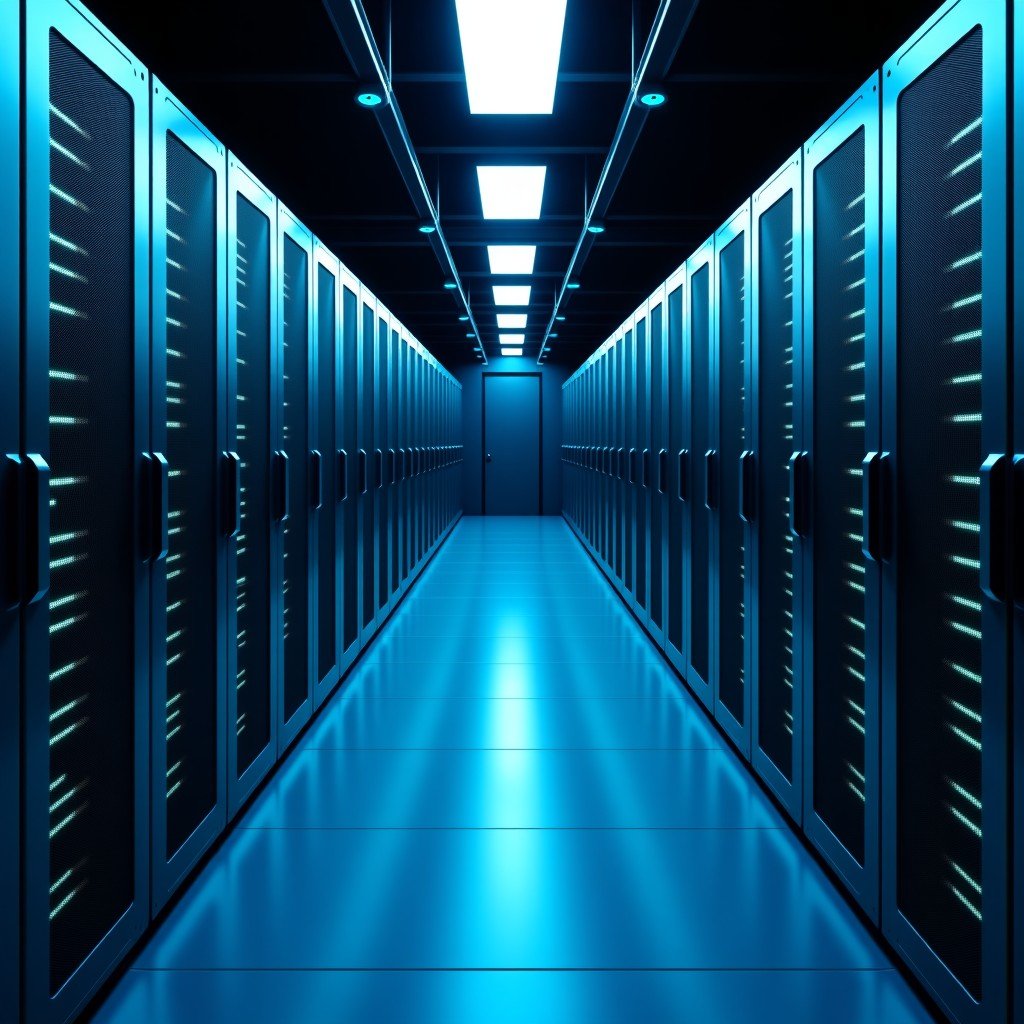 Interior of a massive modern data center with rows of server racks glowing with blue and green LED lights, representing heavy investment in AI infrastructure, high contrast, wide angle, 4:3