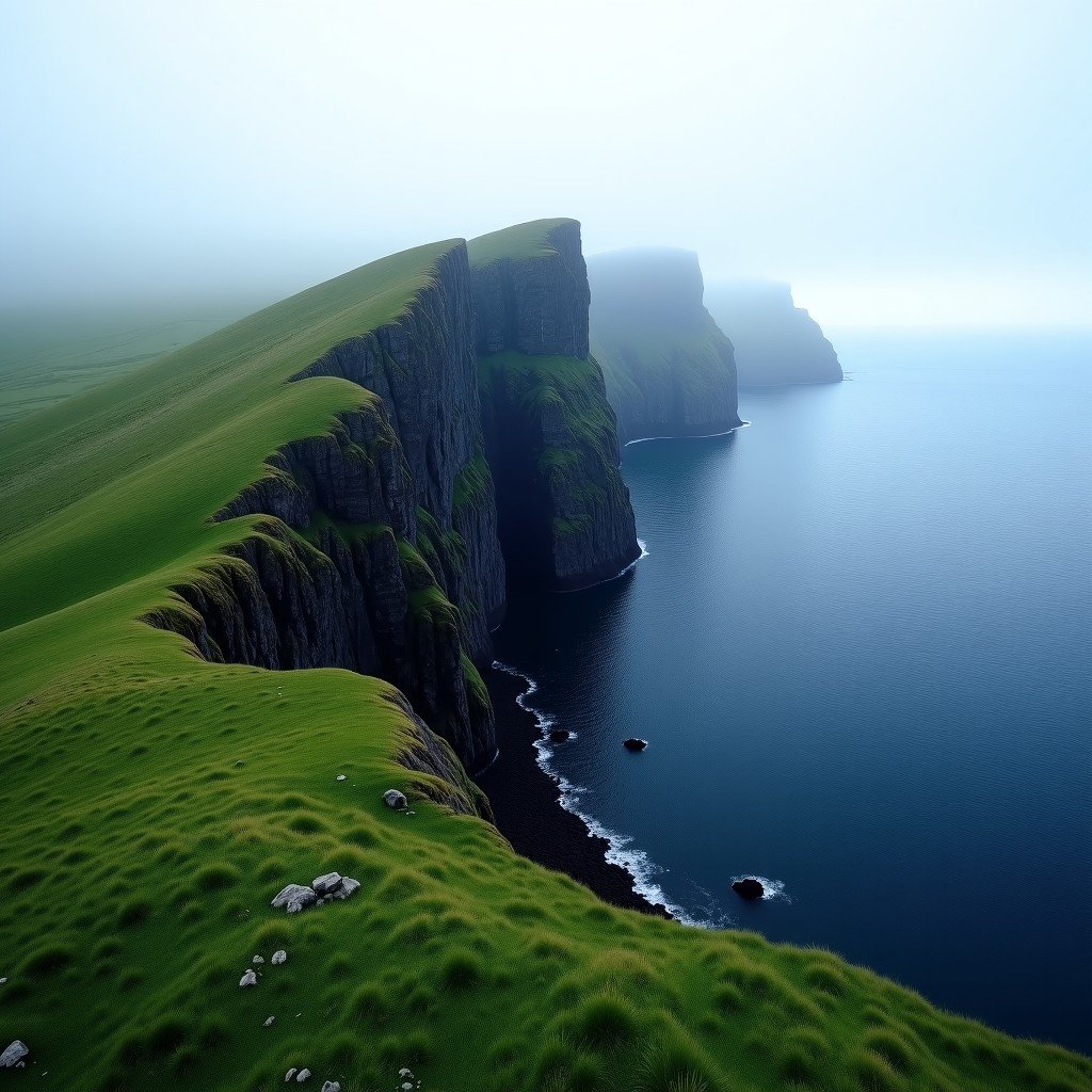 A panoramic view of the St Kilda archipelago in the North Atlantic, dramatic rugged dark cliffs rising from a deep blue sea, emerald green grassy slopes, misty atmosphere, wide angle shot, high contrast, 4:3
