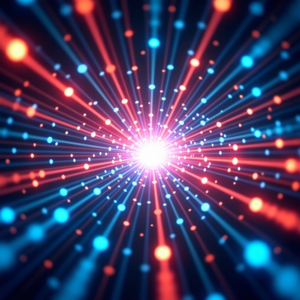 Abstract representation of data flowing through fiber optic cables and forming a bright core of light, symbolic of insight and intelligence, vibrant colors, wide angle, 4:3