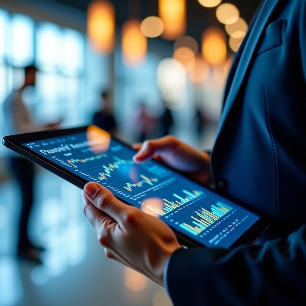 Close-up of a hand using a tablet displaying complex financial data and AI analytics, vibrant colors, bokeh background of a modern office, 4:3