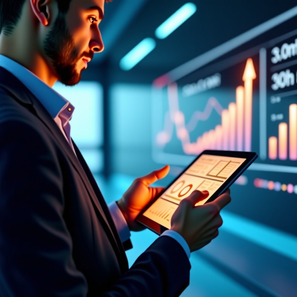A professional looking at a digital tablet displaying rising business growth charts and data visualizations, futuristic office interior, soft blue and orange lighting, detailed composition, 4:3