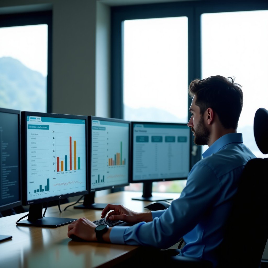 A professional investment analyst in a modern office looking at multiple monitors showing AI generated risk assessments and charts, focused expression, natural daylight from a large window, realistic cinematic photography, 4:3