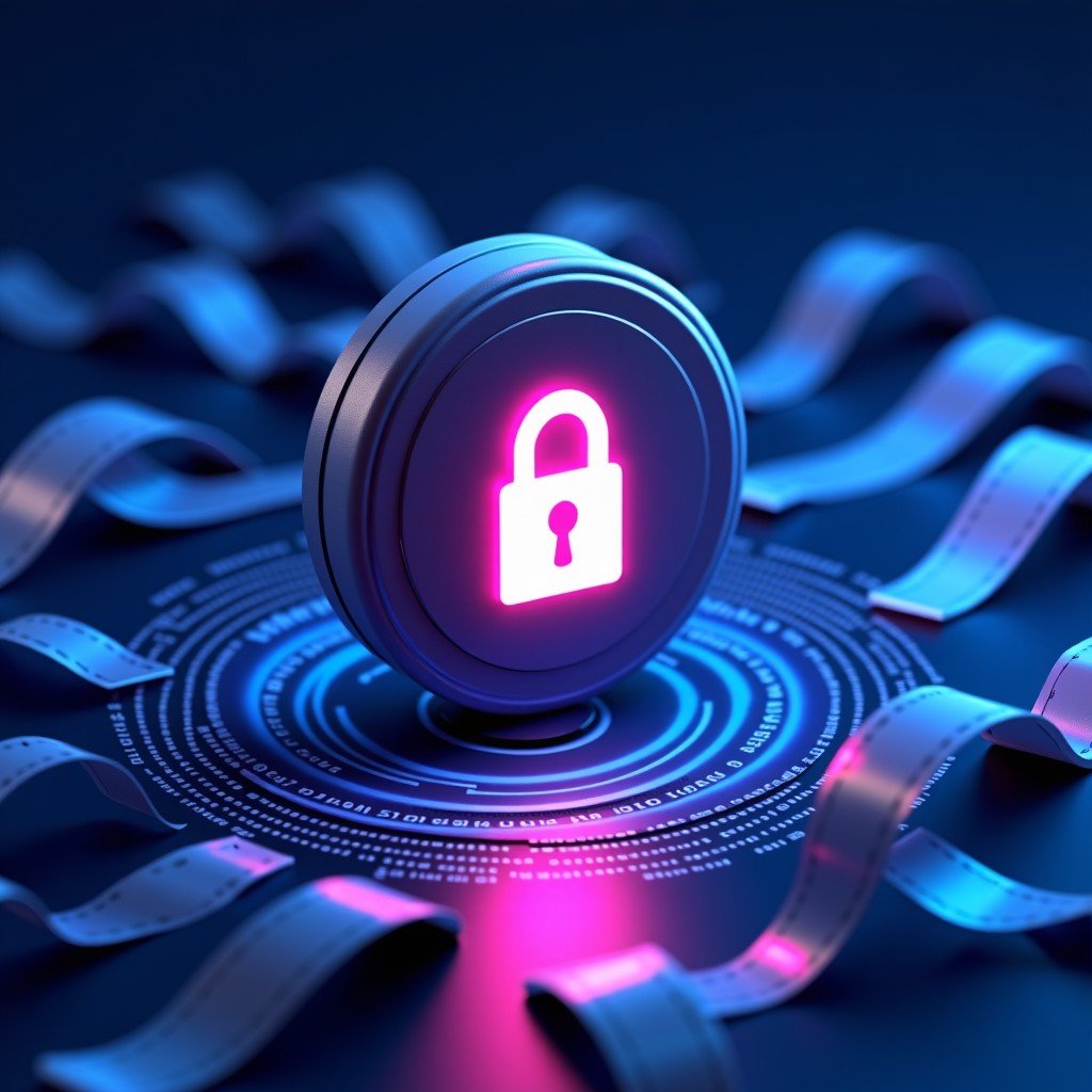 A secure digital vault with a glowing lock icon, surrounded by streams of binary code and 3D film strips, clean tech infographic style, vibrant blue and purple lighting. 1:1