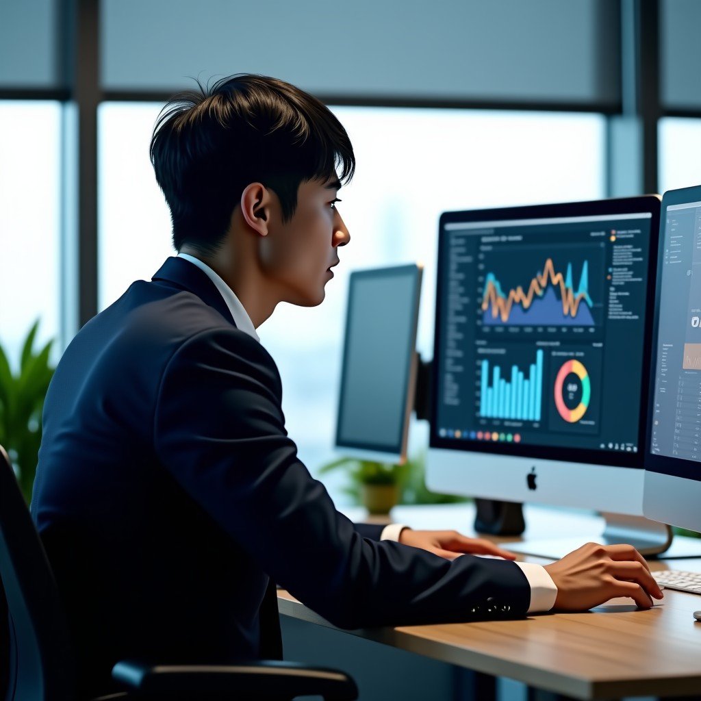 A focused Korean male professional in business attire sitting in a modern office, analyzing complex data on multiple computer monitors. The lighting is soft and natural, suggesting a calm and analytical environment. 4:3