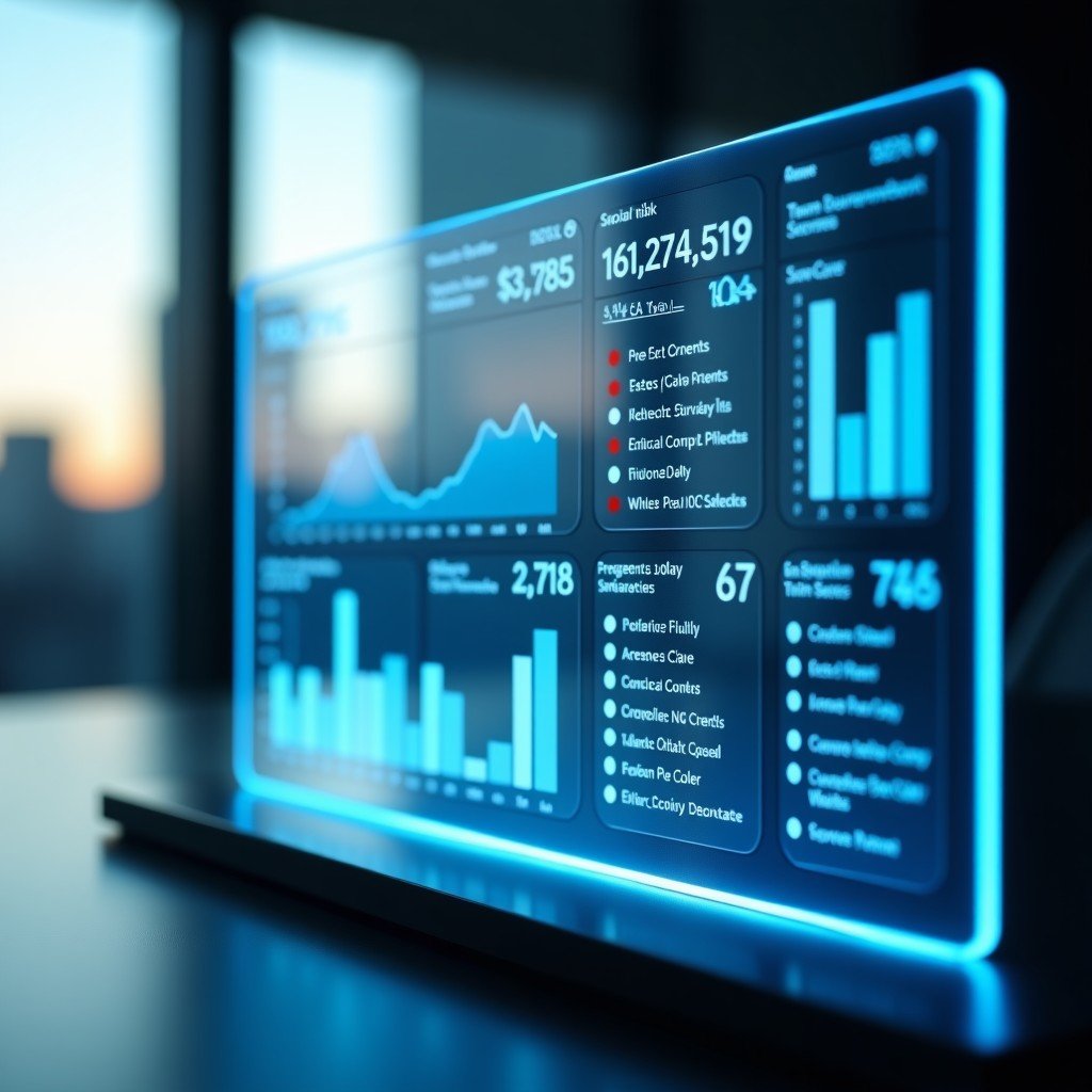 Close up of a sleek transparent glass screen displaying complex ESG data and ethical risk scores, holographic interface, professional office background with soft bokeh, modern financial technology concept, 4:3