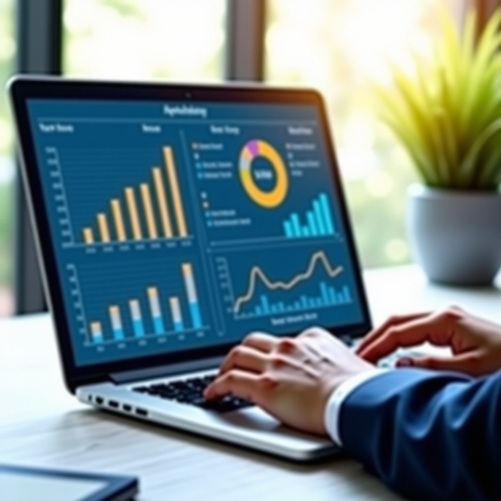 A clean and modern office desk with a laptop showing financial growth charts and data visualization, a person's hands typing on the keyboard, professional setting, 1:1