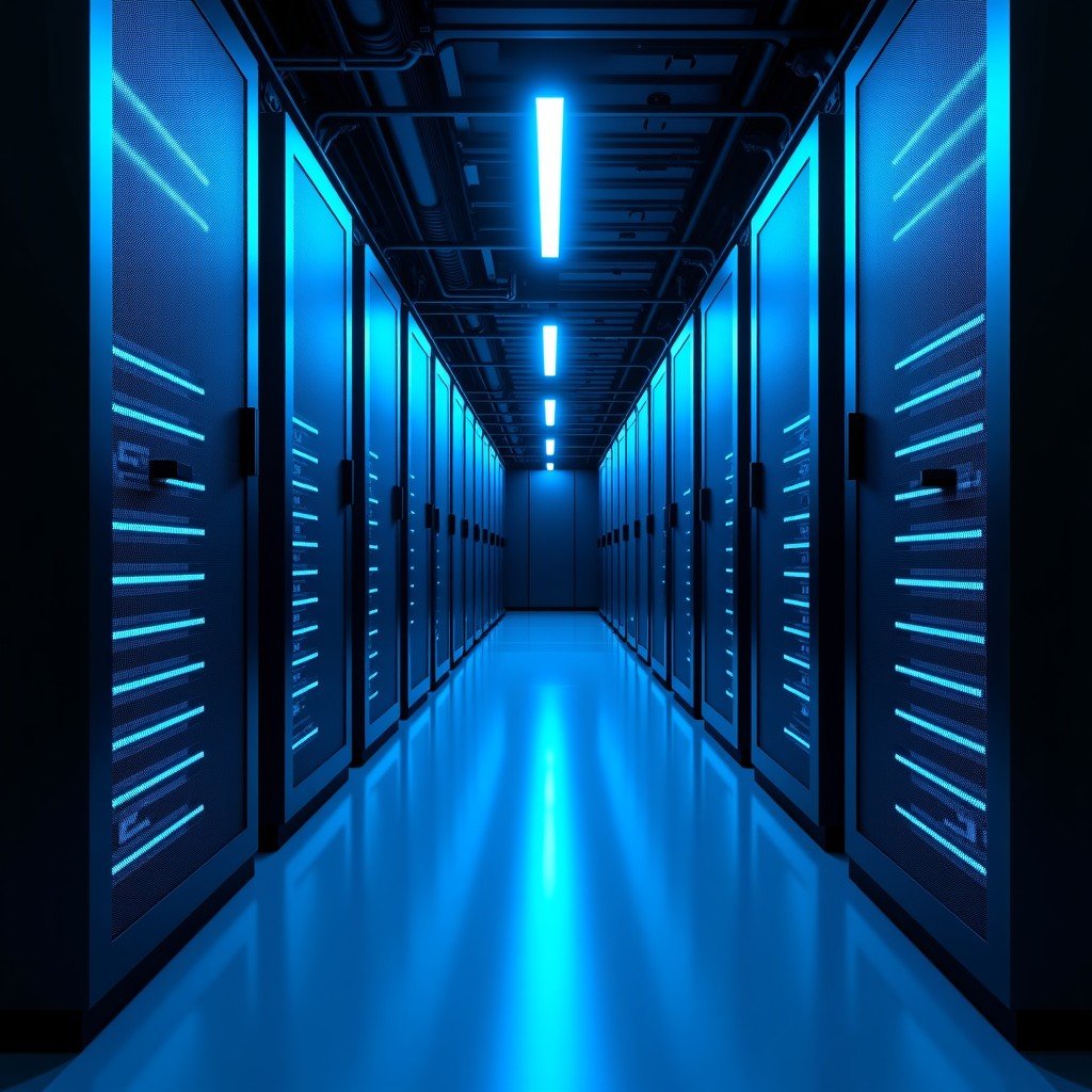 High-tech data center interior with rows of server racks and glowing blue LED lights. Intricate cabling and futuristic networking hardware. Professional photography style, clean and modern, 4:3