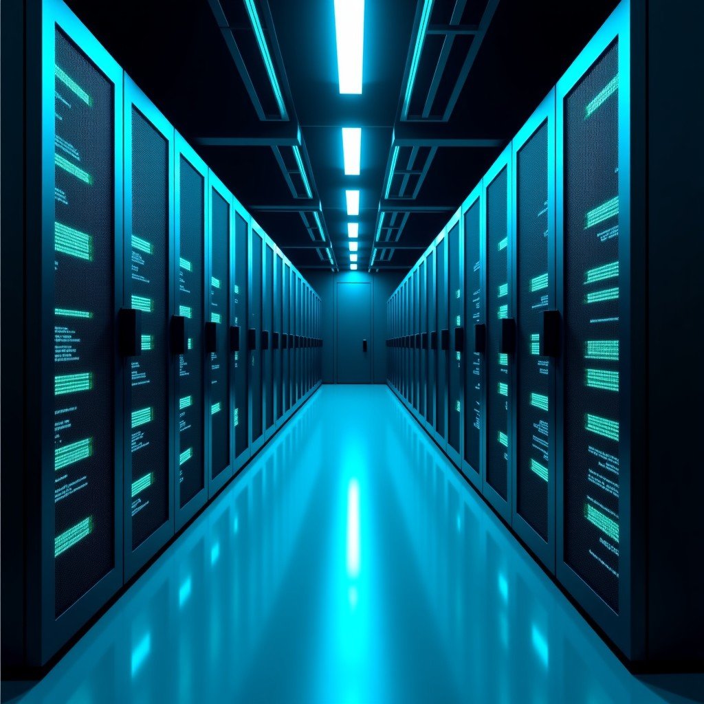 High-tech server room with glowing blue and green lights, rows of data racks in a modern facility, clean and professional atmosphere, high contrast lighting, 4:3