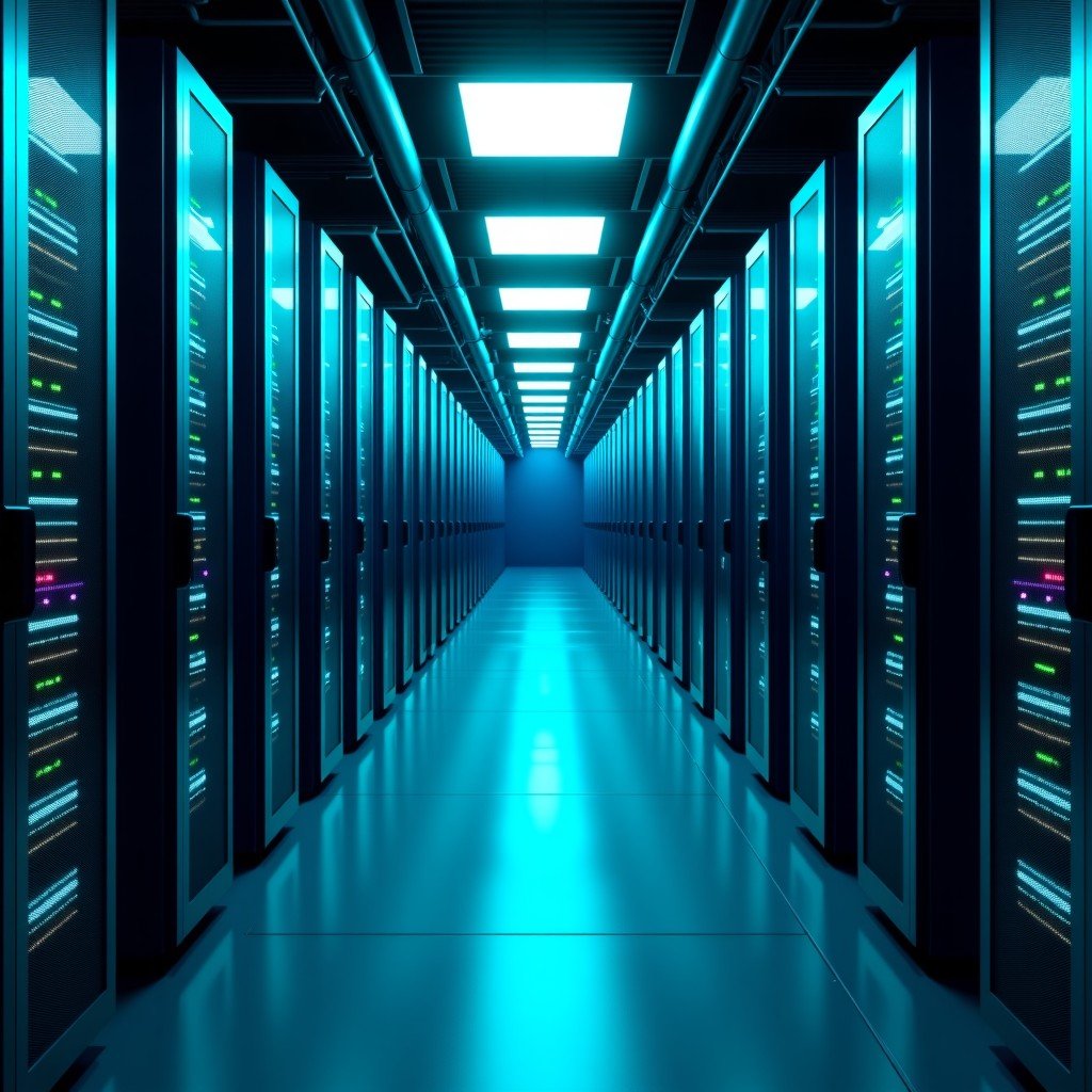 Interior of a high-tech data center with rows of server racks, blue and green ambient lights, fiber optic cables, futuristic technology atmosphere, 4:3