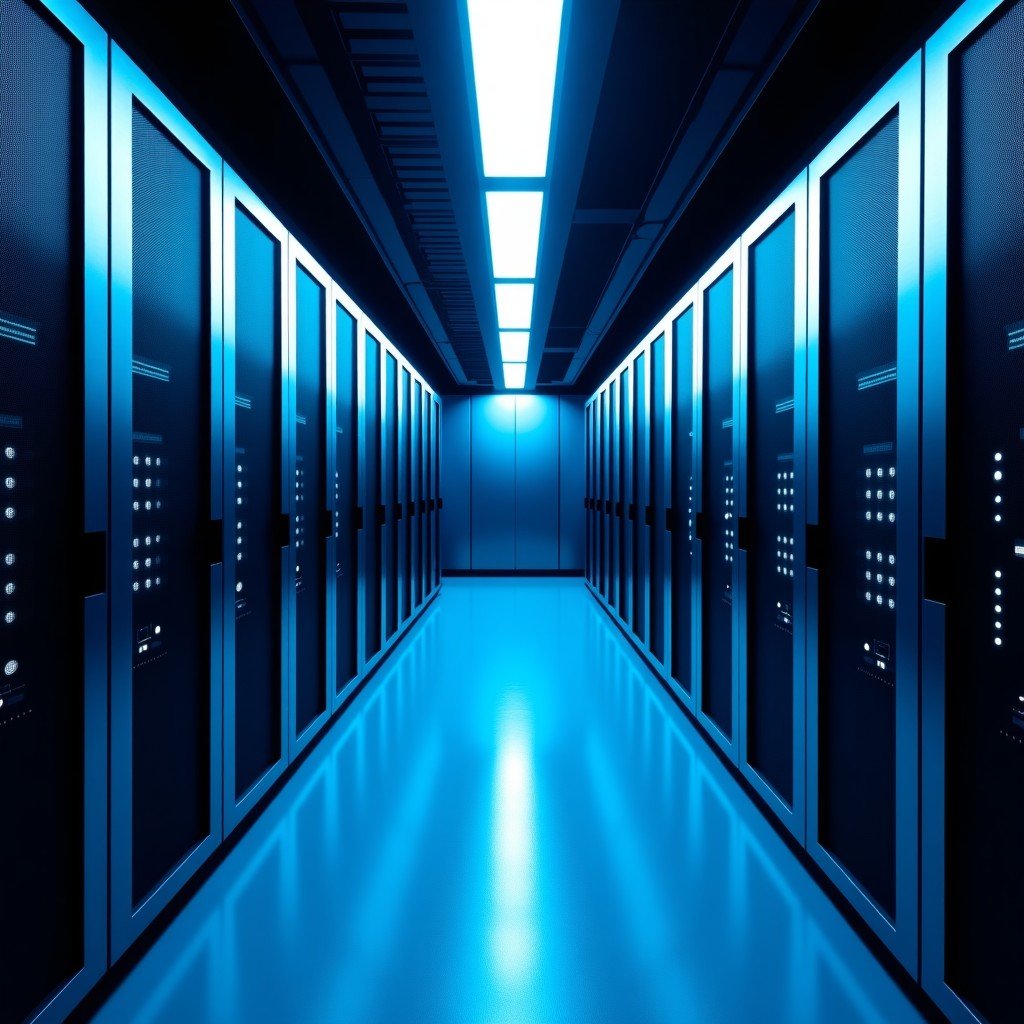 Interior of a high-tech modern data center with rows of server racks, glowing blue LED lights, symmetrical composition, cold metallic textures, 4:3