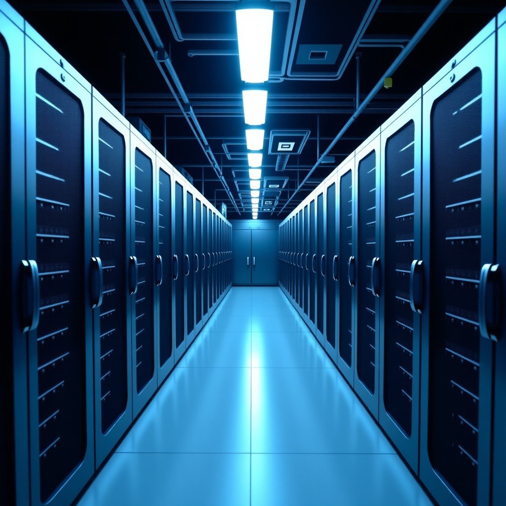 Inside a high-end data center with rows of server racks, glowing fiber optic cables connecting different units, clean and modern interior design, wide lens, 4:3