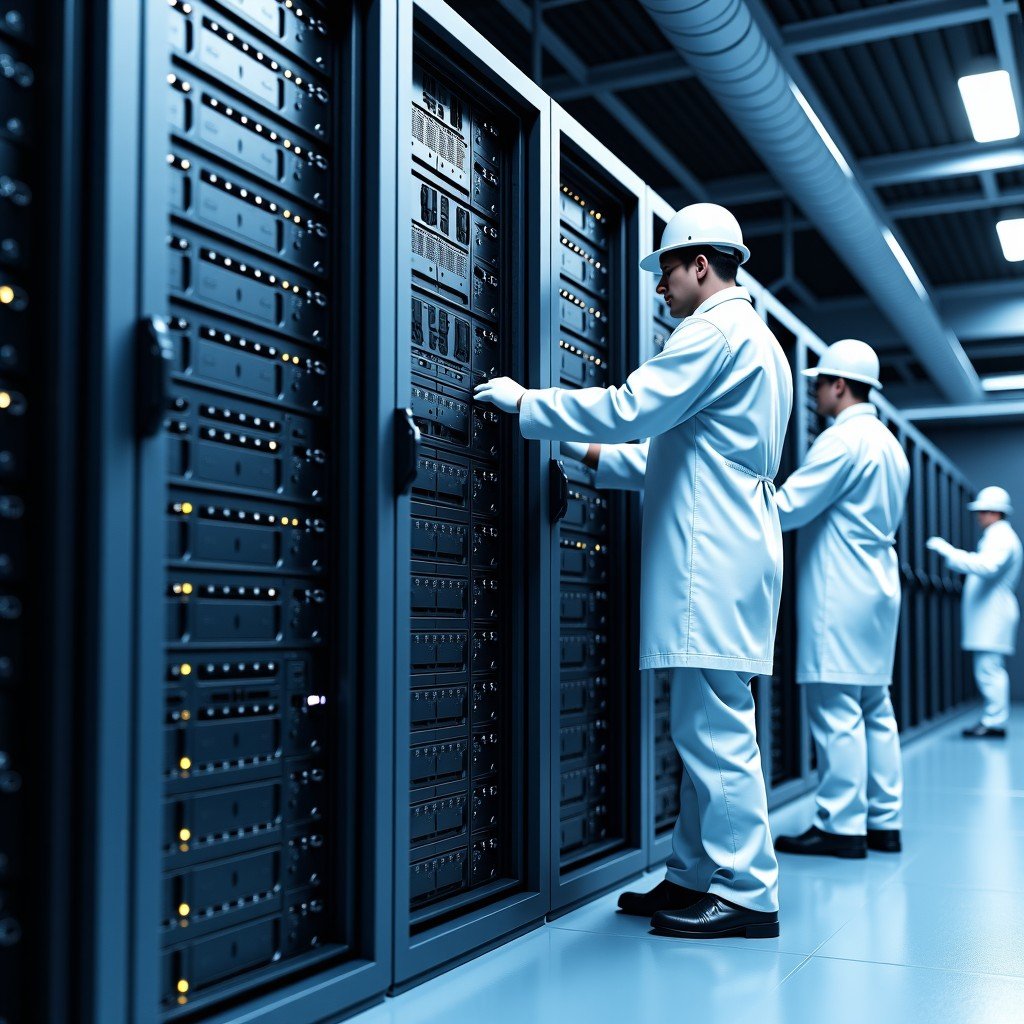 A massive supercomputer rack being installed in a professional data center, technicians in clean suits, organized cabling and liquid cooling pipes, 4:3