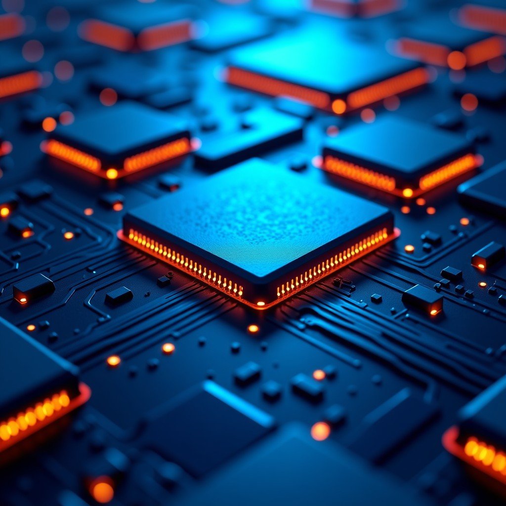 High-tech glowing AI memory chips inside a massive data center server, blue and orange lighting, detailed circuit patterns, 4:3