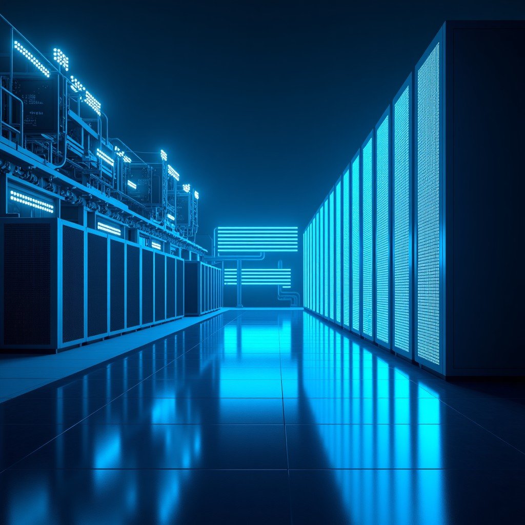 A futuristic data center facility at night with glowing blue lights and complex power infrastructure, representing the concept of Bloom Energy power play, high-tech and clean energy atmosphere, professional photography, 4:3