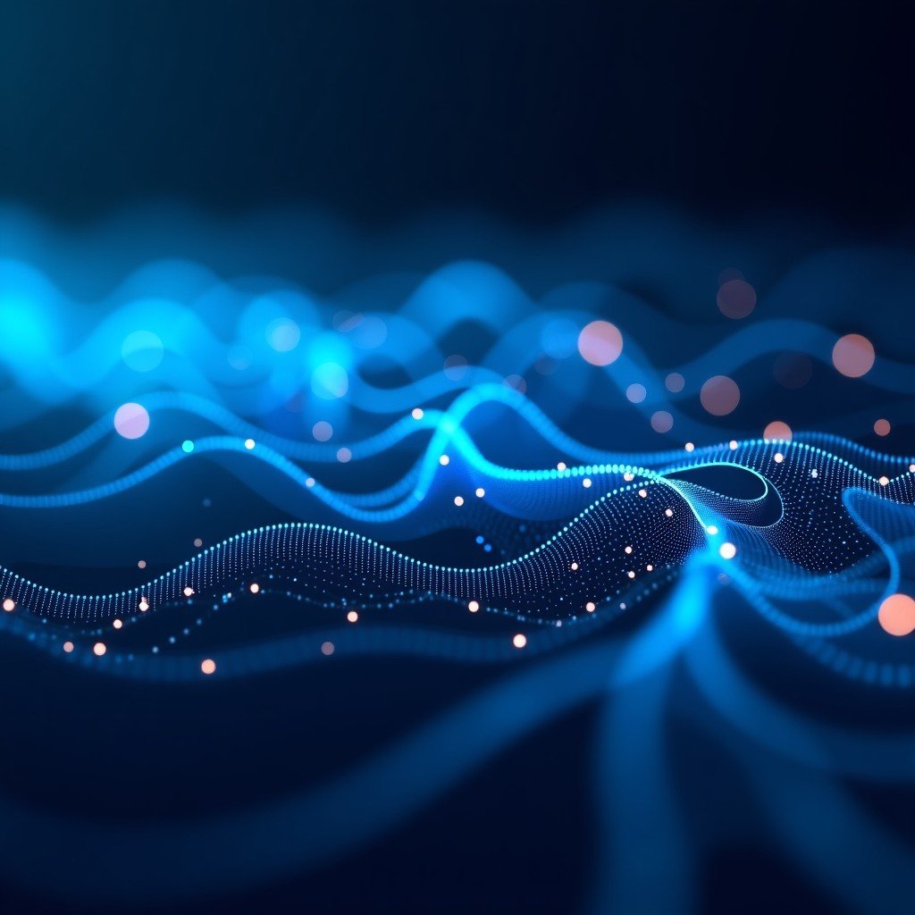 Abstract representation of digital data flowing through a network, glowing lines of light, futuristic matrix style, deep blue background, artistic rendering, high resolution, 16:9. 4:3
