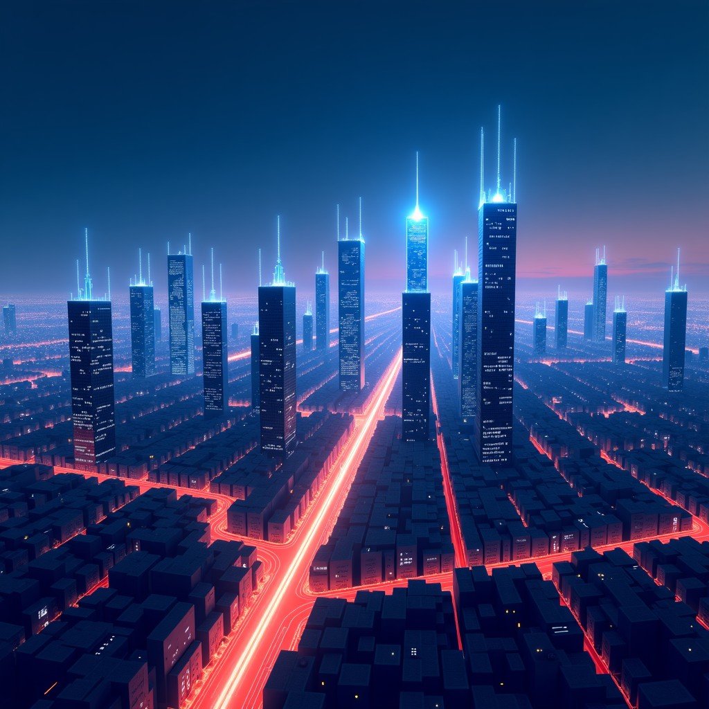 A wide shot of a futuristic city skyline at night. Glowing lines of data and light connect different buildings, symbolizing a highly networked and efficient society. High quality digital art style, vibrant colors. 4:3