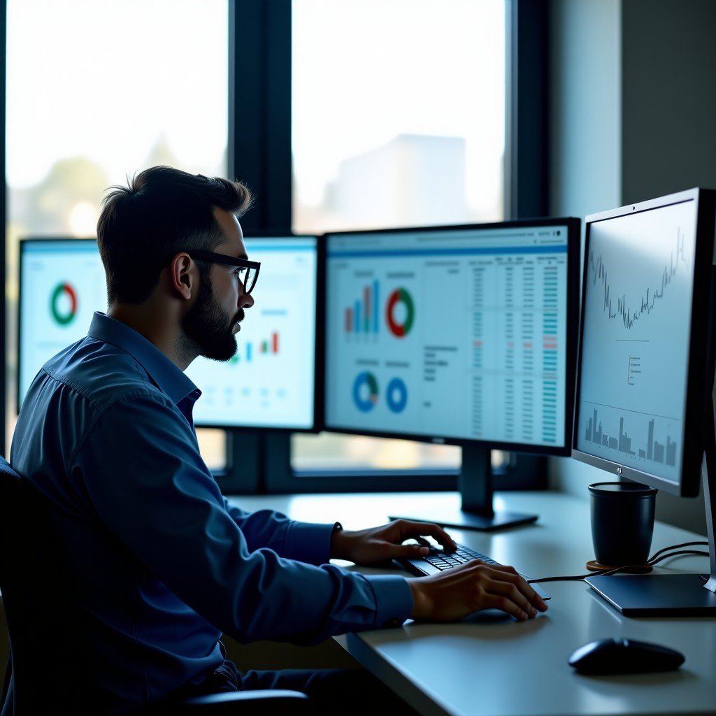 A professional analyst in a modern office, focused on multiple high-resolution monitors showing data visualizations and financial reports. The scene is lit by natural window light, creating a clean and professional atmosphere. Realistic textures, depth of field, high quality. 4:3