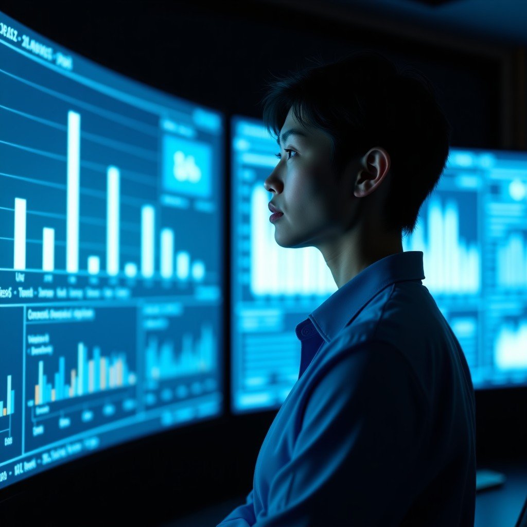 A professional technician with a natural Korean appearance monitoring complex data visualizations on large wall-mounted screens in a darkened control room. Focused expression with soft lighting from the displays. 4:3