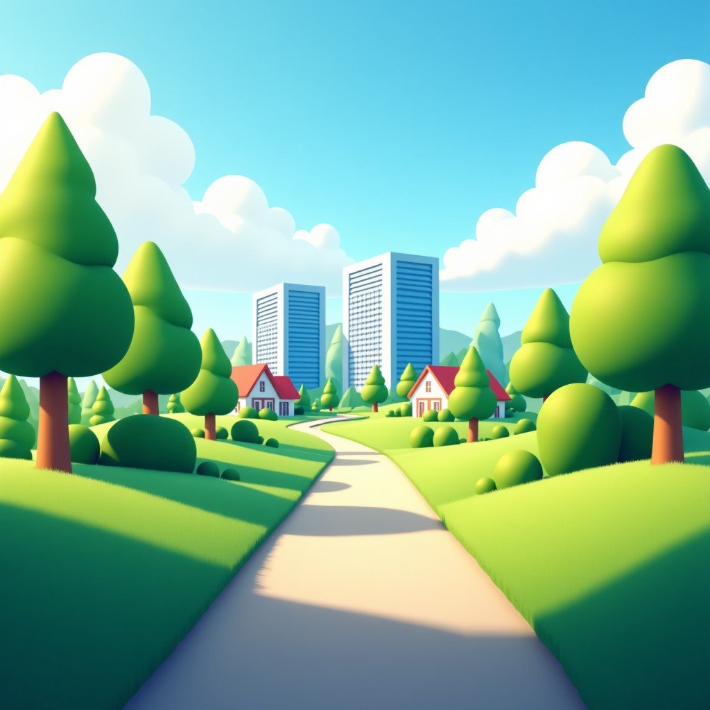 A peaceful suburban community with a modern, eco-friendly data center in the distance, integrated into the landscape with greenery. 4:3