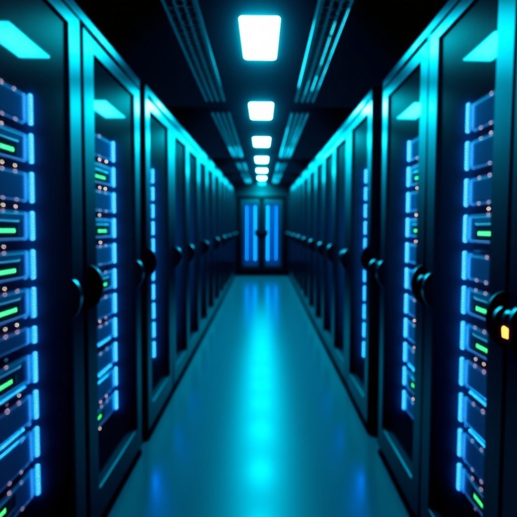 Close-up interior shot of a high-tech data center with rows of server racks glowing with blue and green LED lights. The environment is clean and organized with fiber optic cables neatly arranged. Professional and futuristic atmosphere. 4:3