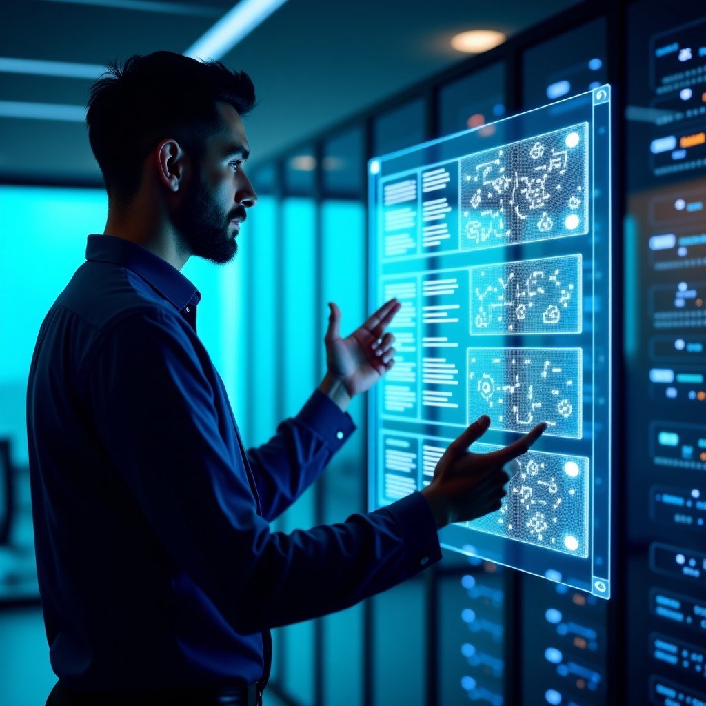 A professional engineer looking at a transparent digital display showing complex microchip designs and data center network architecture, high-tech office environment, cool color palette, 4:3