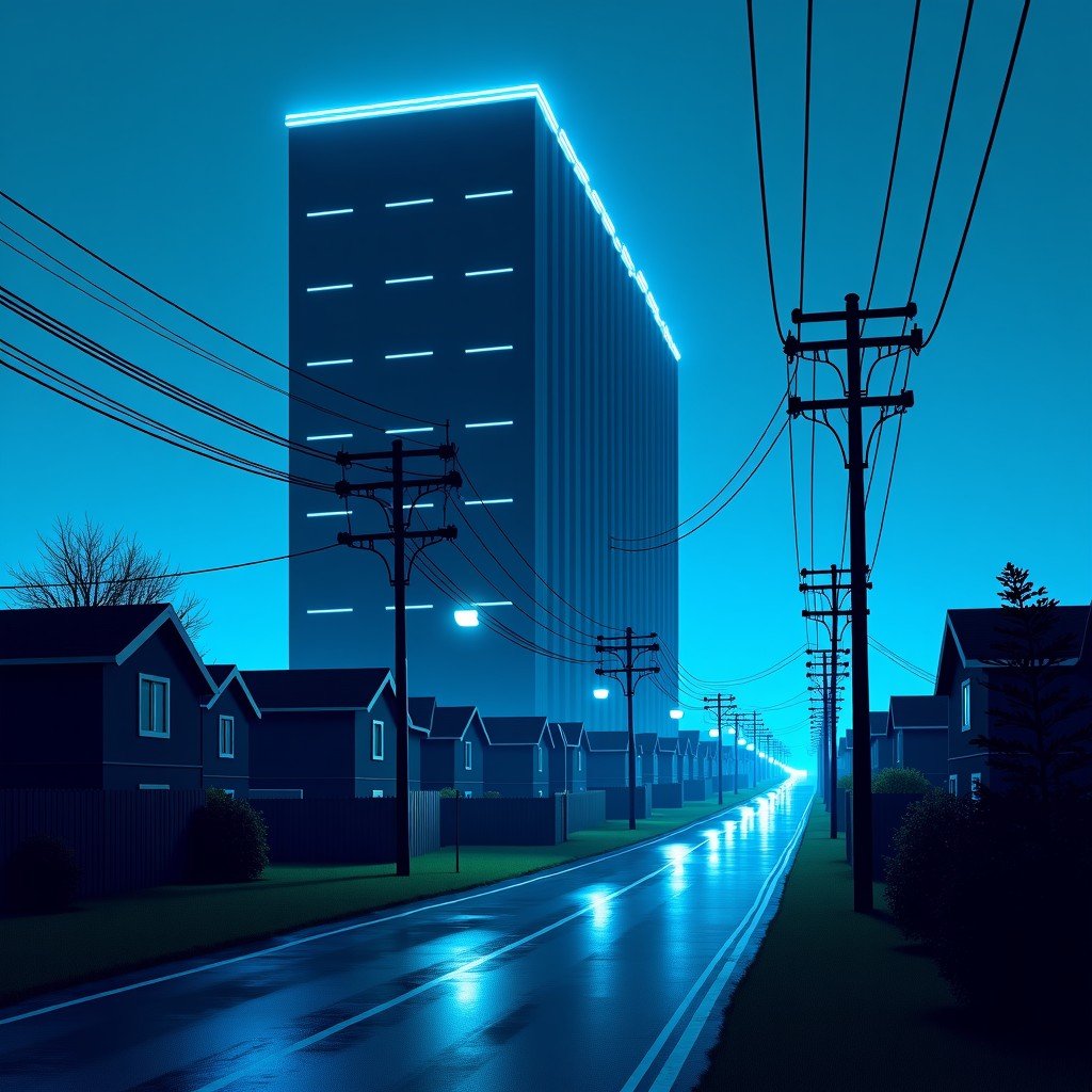 A massive modern data center building next to a traditional suburban neighborhood, glowing blue energy lines connecting to a strained electrical grid, high contrast, cinematic lighting, 4:3