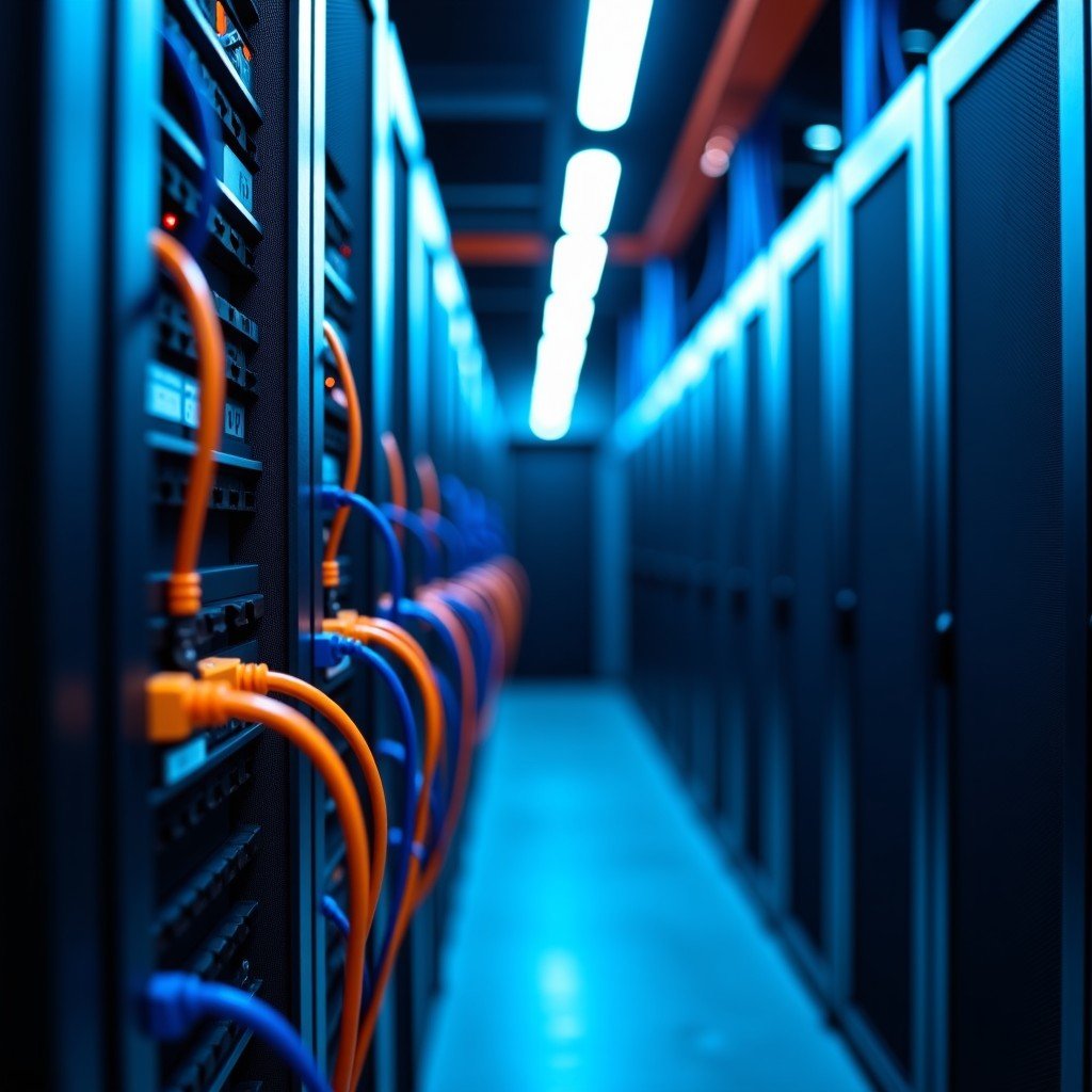 Intricate network cables in blue and orange connecting server racks, shallow depth of field, high-tech industrial environment, vibrant colors, clean and organized, 4:3. 4:3