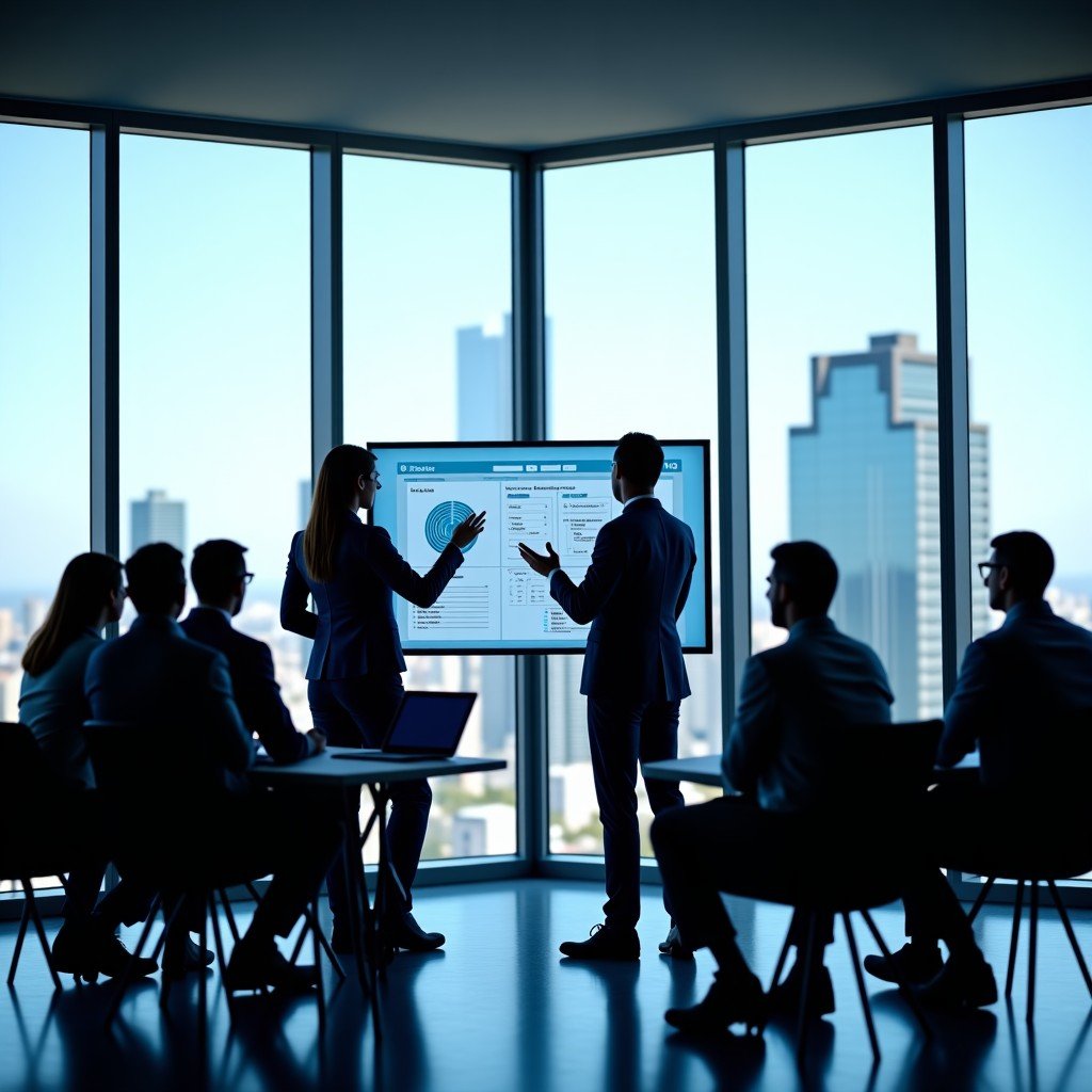 A group of diverse professional analysts in a high-end glass-walled conference room overlooking a city skyline, discussing data on a large digital screen. Professional photography, natural lighting, 4:3
