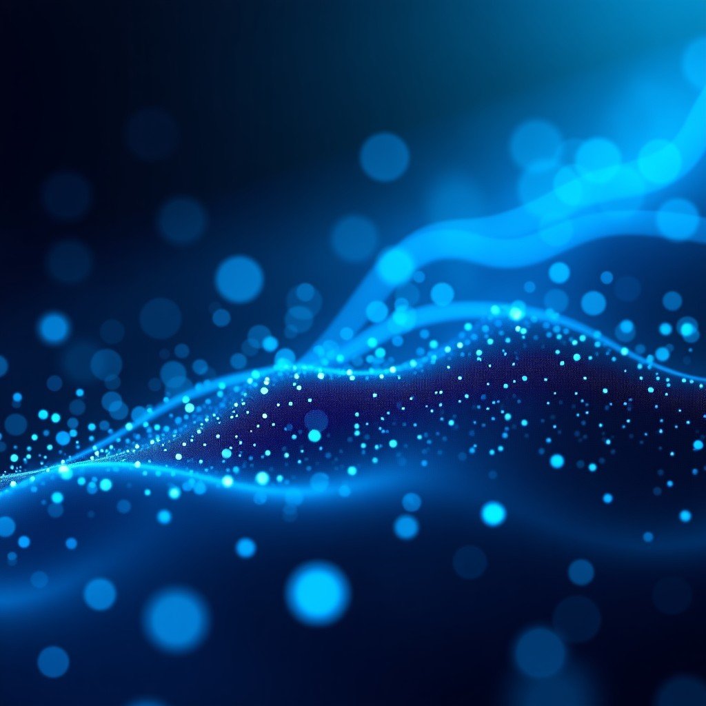 High quality digital background with flowing code and blue data particles, representing software innovation and growth, professional and clean, 4:3