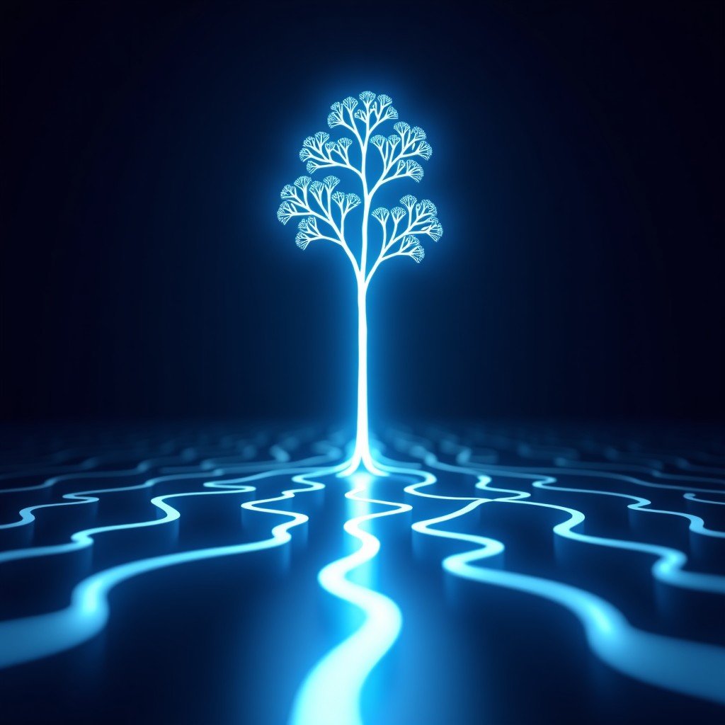 A sophisticated 3D render of a glowing data tree growing upwards, representating technological growth and expansion, dark background with neon light paths, 4:3