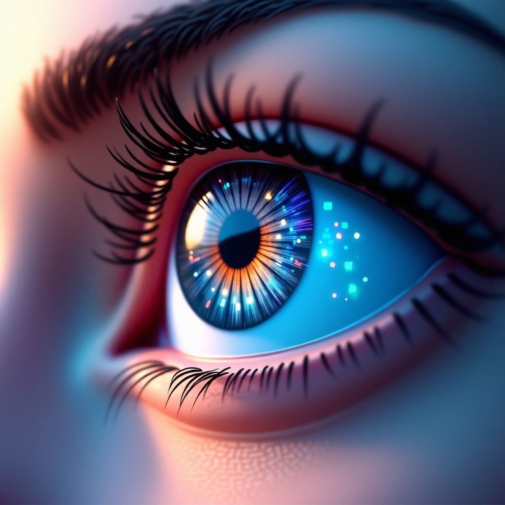 A close up of a stylized human eye reflecting complex data patterns and colorful UI elements. The image is clean and focused on the intersection of human vision and machine intelligence. Artistic rendering. 4:3
