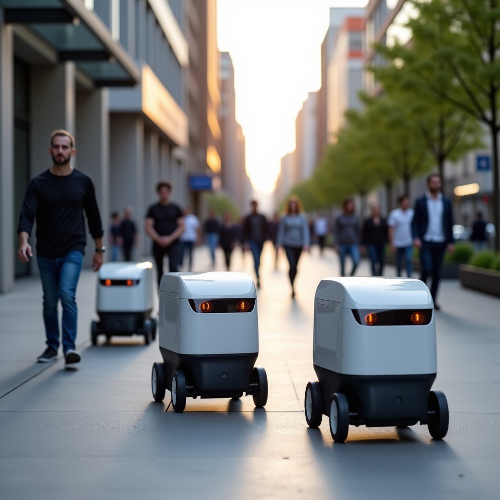 Several small autonomous delivery robots navigating a clean and modern city sidewalk during the day. Pedestrians are walking nearby in a natural way. The scene looks like a believable near-future urban environment. 4:3