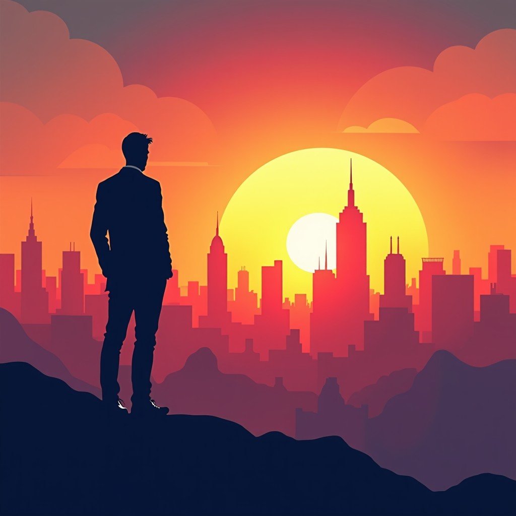 An artistic rendering of a visionary leader silhouette looking at a futuristic city skyline during sunset, vibrant colors, rich composition, 1:1