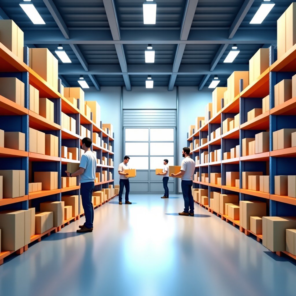 A modern urban fulfillment center with organized shelves and delivery bags, staff preparing orders, clean and efficient atmosphere, bright industrial lighting, 4:3