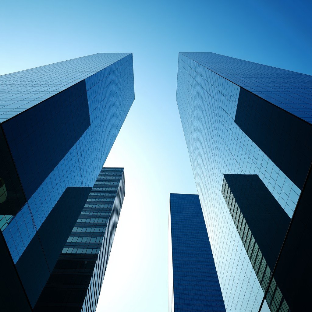 A professional wide-angle shot of a modern city financial district with glass skyscrapers and a clear blue sky. The scene conveys a sense of stability and commercial growth in the real estate sector. 4:3