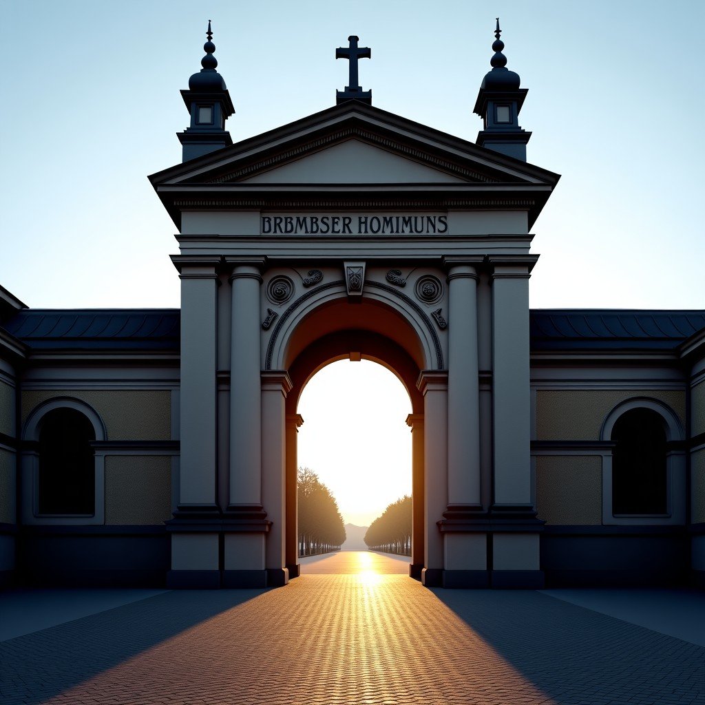 A majestic view of the Porta Nigra in Trier Germany, ancient Roman city gate made of dark sandstone, clear sky, historic atmosphere, cinematic lighting, high resolution, 4:3