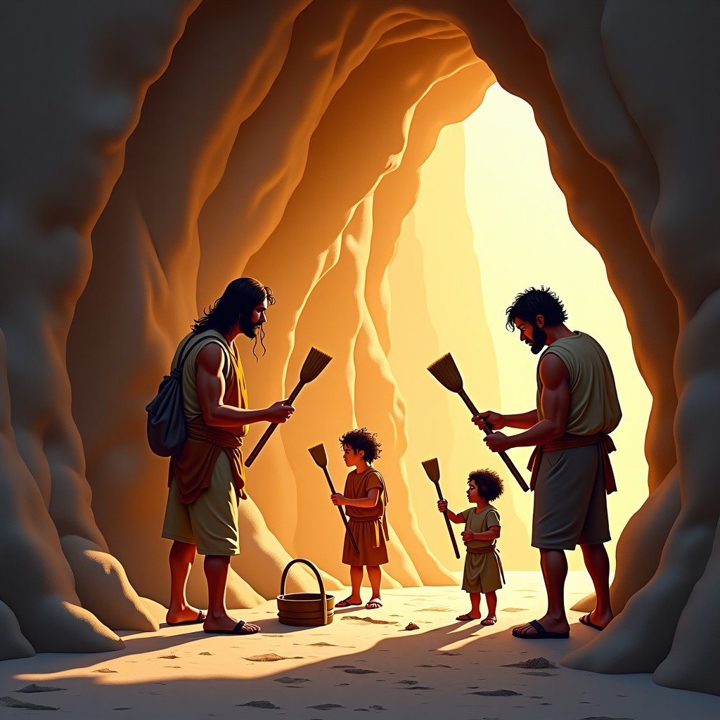 Artistic rendering of Paleolithic people painting on a limestone cave wall using natural pigments and brushes, cinematic lighting with shadows, historical illustration style, 4:3