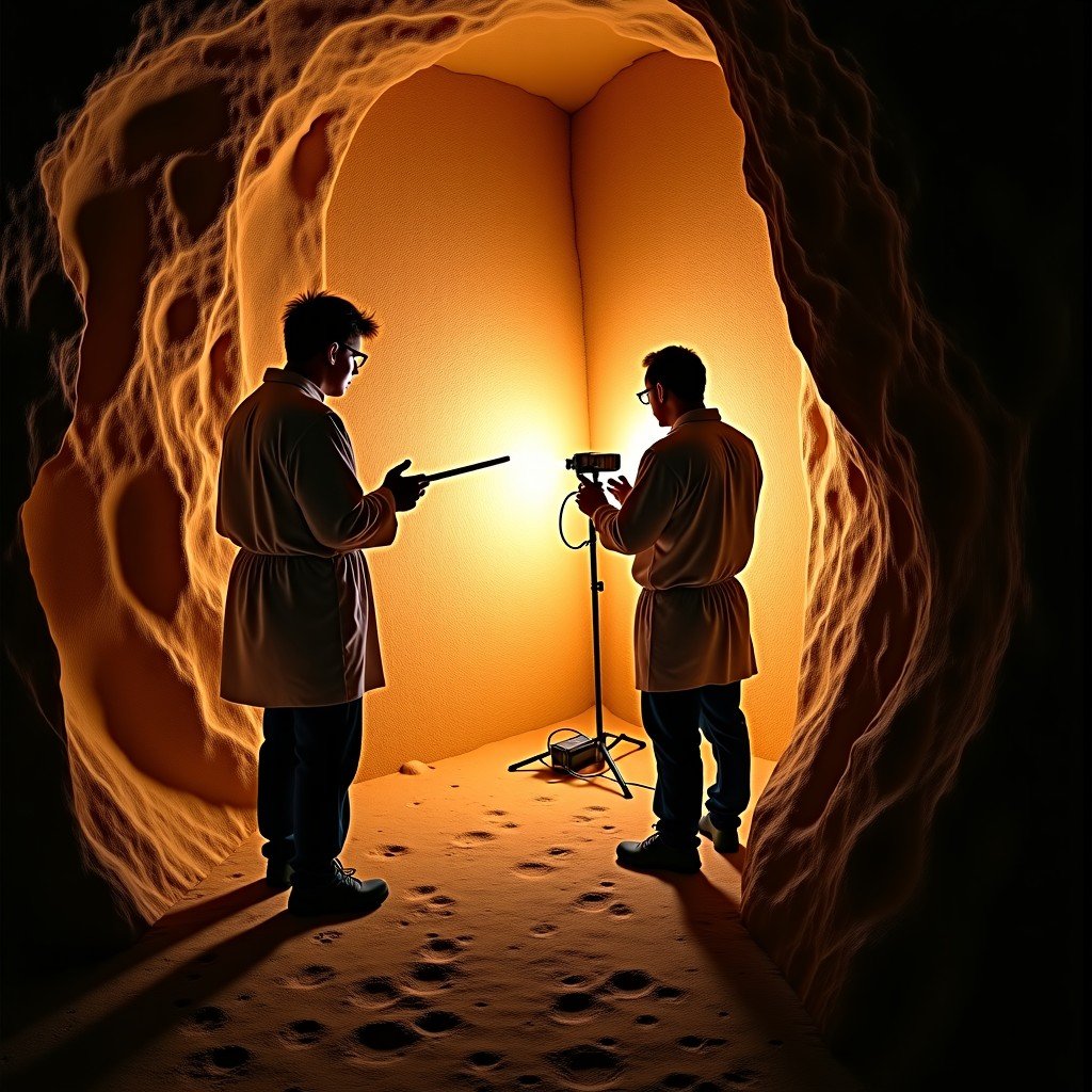 Professional conservators in a cave setting using specialized lighting and tools to examine ancient wall art, modern scientific equipment, high contrast, 4:3