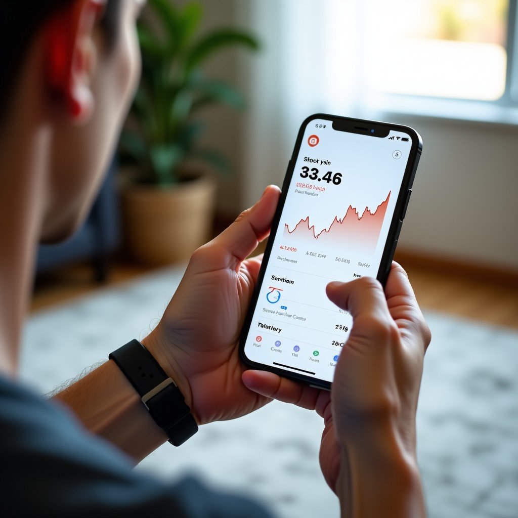 A person using a smartphone with a clean stock trading app interface showing Apple stock growth. Natural indoor lighting, lifestyle photography, blurred living room background, 4:3