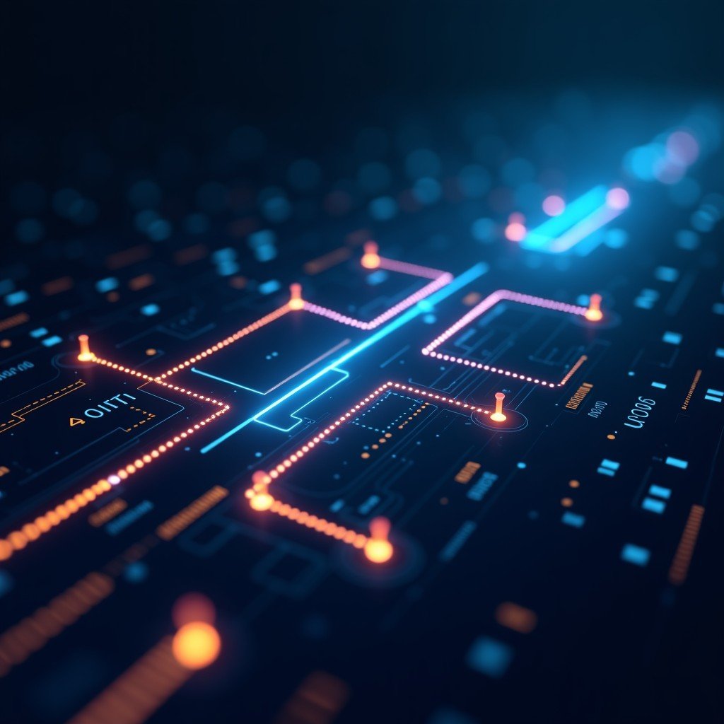 An abstract representation of digital communication, with glowing lines connecting various points on a dark background, representing email exchanges and data logs. Modern and technological style. 4:3