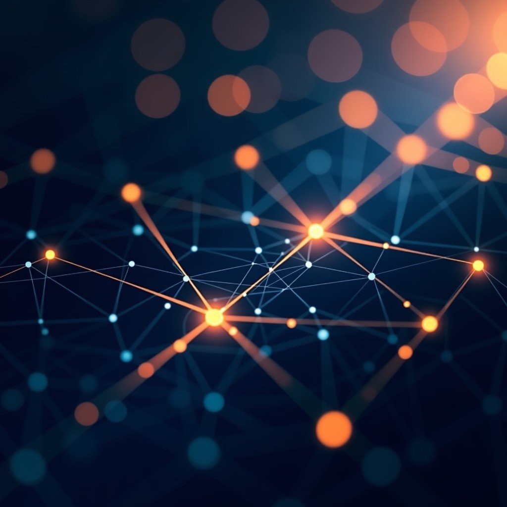 An abstract composition of glowing digital network lines and nodes, futuristic and clean design, dark blue and gold color palette, high contrast, visually rich, 4:3